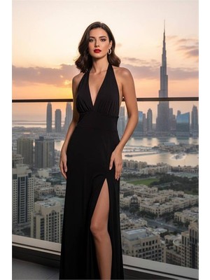 Dip Moda Kadın Siyah Sırt Dekolteli Bağlama Detaylı Derin Yırtmaçlı Maxi Boy Elbise DPDF225