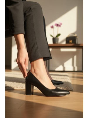 Enoch Büyük Numara Kadın Badem Burun Yalın Tasarım Orta Blok Topuklu Klasik Ayakkabı