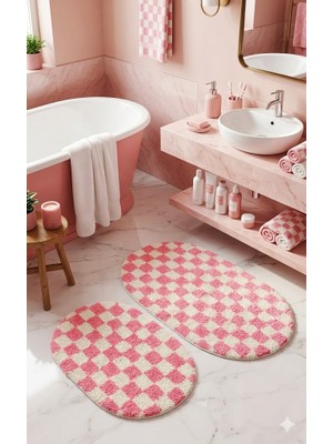 Eurobano Chess Dama Desenli 2'li Oval Bohem Banyo Paspası Lateks Kaymaz Makinede Yıkanabilir 60X100 60X50 cm