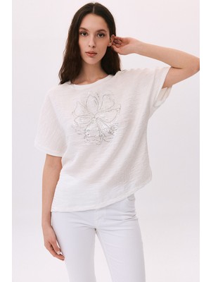 Daido Kadın Yuvarlak Yaka Kısa Kollu Desenli T-Shirt 6217 Ekru