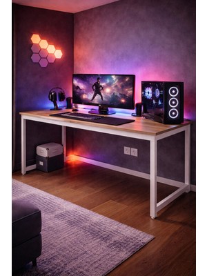 Flinder Çam/beyaz Oyuncu Masası 60X140 Cm, Beyaz Renk Bilgisayar Masası, Gamer Masası, Gaming Masa