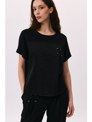 Daido Kadın Çift Kumaş Detaylı Düşük Kollu Penye T-Shirt 6211 Siyah