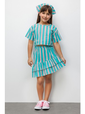 Le Mabelle Mint Çizgili Kız Çocuk Crop Etek Ikili Takım - Cora