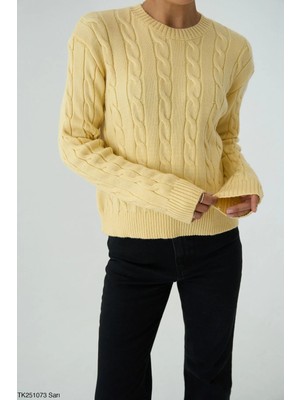 Qu Style Örgü Desenli Sarı Kazak