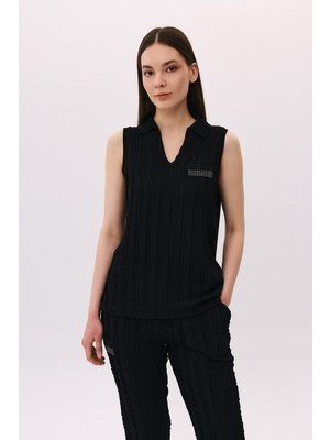 Daido Kadın Kolsuz Polo Yaka Penye T-Shirt 4814 Siyah
