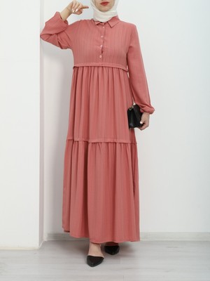 Modamorfo Parçalı Yarım Düğmeli Kolu Lastikli Elbise -Yavruağzı