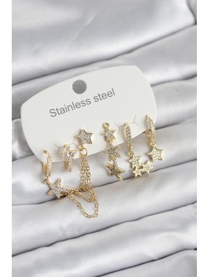 316L Çelik Gold Renk 6'lı Set Zincirli Yıldız Modelli Kadın Küpe Midastech