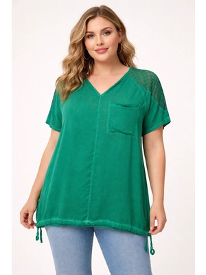 Rmg Eteği Bağlamalı Omuz Detaylı Büyük Beden Yeşil Bluz