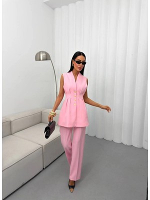 Vesantia Kadın Şeker Pembesi Belden Oturtmalı Yelek Pantolon Takım