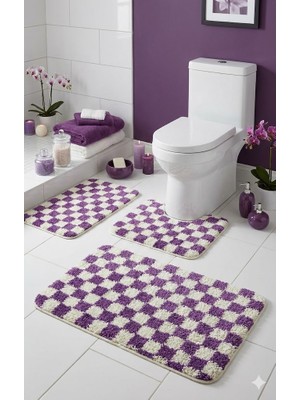 Eurobano Chess Dama Desen Lateks Kaymaz Taban Makinede Yıkanabilir 3'lü Banyo Paspası 60X100 60X50 60X50 cm