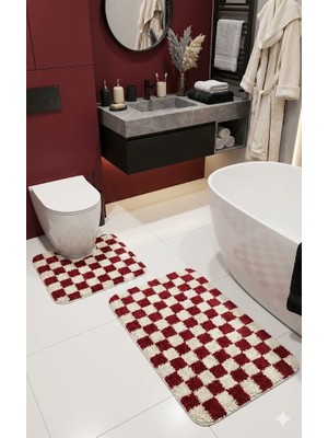 Eurobano Chess Dama Desenli Lateks Kaymaz Taban Makinede Yıkanabilir 2'li Bohem Banyo Paspası 60X100 60X50