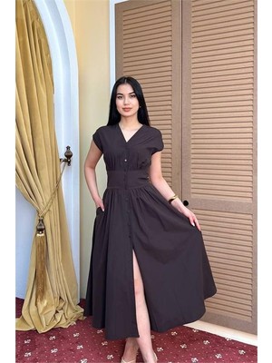 Dip Moda Kadın Kahverengi Feminen Kesim Bel Detaylı Düğmeli Midi Boy Elbise DPMY3924
