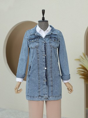 Modamorfo  Cep Detaylı Random Yıkama Kot Ceket -Buz Mavi