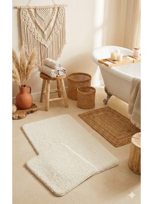 Eurobano Shaggy Bohem Makinede Yıkanabilir Lateks Kaymaz Taban 2li Banyo Paspası 60X100 60X50 cm