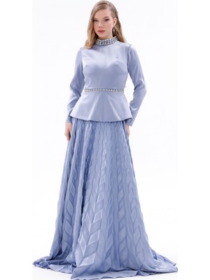 Bdm Exclusive Dokuma Kumaş Taş Işlemeli Yaka ve A-Form Etek Detaylı Premium Abiye Elbise