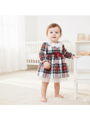 Butik Kız Bebek Ekose Desenli Dantel Yakalı Pamuklu Elbise 6-9-12-18-24 Ay