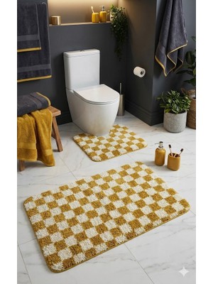 Eurobano Chess Dama Desenli Lateks Kaymaz Taban Makinede Yıkanabilir 2'li Bohem Banyo Paspası 60X100 60X50