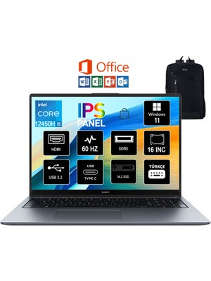 Huawei Matebook D16 2024 Intel Core I5 12450H 8gb 2tb SSD Windows 11 Pro 16" IPS Taşınabilir Bilgisayar+Boz Çanta