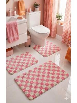 Eurobano Chess Dama Desen Lateks Kaymaz Taban Makinede Yıkanabilir 3'lü Banyo Paspası 60X100 60X50 60X50 cm