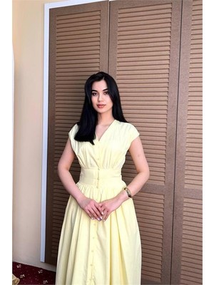 Dip Moda Kadın Sarı Feminen Kesim Bel Detaylı Düğmeli Midi Boy Elbise DPMY3924