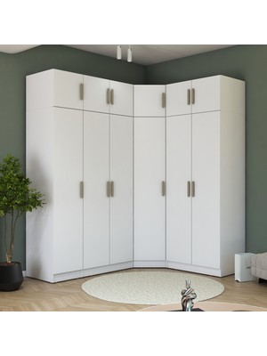 Rani BA229 Modüler Köşe Gardırop 6 Kapaklı Raflı Askılı Elbise Dolabı Beyaz