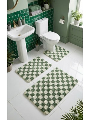 Eurobano Chess Dama Desen Lateks Kaymaz Taban Makinede Yıkanabilir 3'lü Banyo Paspası 60X100 60X50 60X50 cm