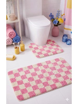 Eurobano Chess Dama Desenli Lateks Kaymaz Taban Makinede Yıkanabilir 2'li Bohem Banyo Paspası 80X50 50X40 cm