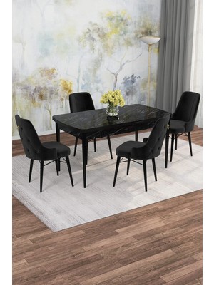 Asaella Mobilya Jusie Siyah Mermer Desen 80X132 Açılabilir Sunta Masa Yemek Odası Takımı, Mutfak Takımı 4 Sandalye