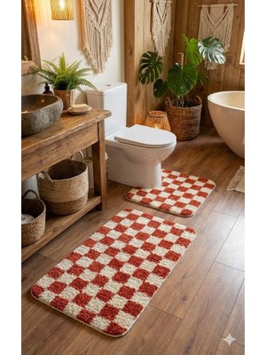 Eurobano Chess Dama Desenli Lateks Kaymaz Taban Makinede Yıkanabilir 2'li Bohem Banyo Paspası 80X50 50X40 cm