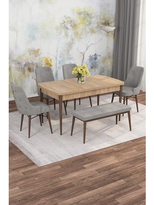 Asaella Mobilya Jusie Meşe Desen 80X132 Açılabilir Sunta Masa Yemek Odası Takımı, Mutfak Takımı 4 Sandalye, 1 Bench