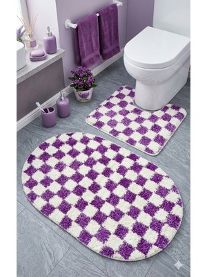 Eurobano Chess Dama Desen Lateks Kaymaz Taban Makinede Yıkanabilir 2'li Bohem Oval Banyo Paspası 60X100 60X50
