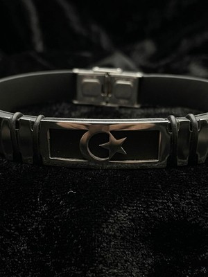 Meneva Aksesuar Erkek Siyah Silikon Ay Yıldız Figürlü Çelik Bileklik