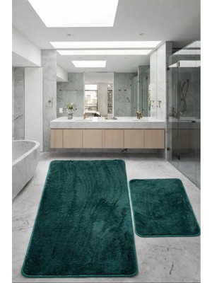Teksev Relax Petrol Yeşili Büyük Boy 80X150 + 50X80 cm 2'li Banyo Halısı Paspası Seti Kaymaz Klozet Takımı