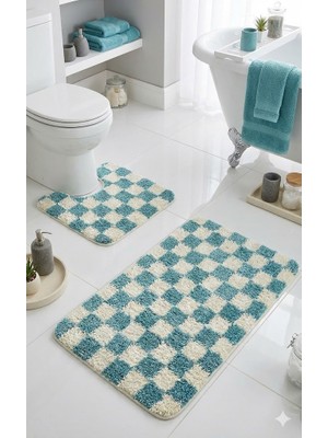 Eurobano Chess Dama Desenli Lateks Kaymaz Taban Makinede Yıkanabilir 2'li Bohem Banyo Paspası 80X50 50X40 cm