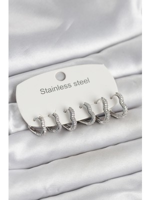 Store Mania Ieg™ 316L Çelik Gümüş Renk 6'lı Set Kalp Form Kadın Küpe