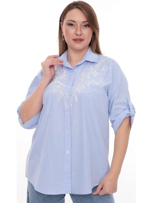 Lady Majestic Büyük Beden %100 Cotton Nakış Detaylı Çizgili Gömlek Şık ve Rahat