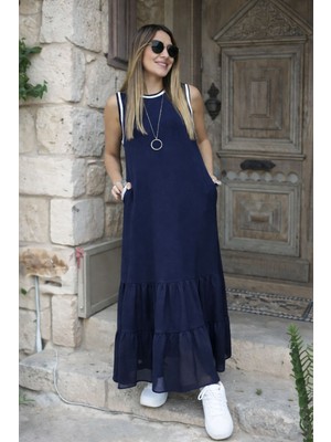 Qimya Butik Kadın Eteği Şifon Ribanalı Kolsuz Elbise