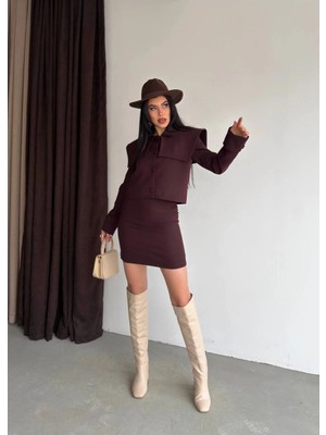 Vesantia Kadın Mürdüm Vatkalı Pelerin Detaylı Ceket Etek Takım