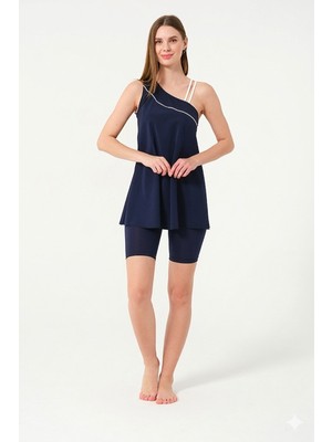 Tesmay Kadın Lacivert Ince Kaplı Tek Omuz Taytlı Elbise Mayo