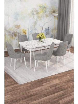 Asaella Mobilya Jusie Beyaz Mermer Desen 80X132 Açılabilir Sunta Masa Yemek Odası Takımı, Mutfak Takımı 6 Sandalye