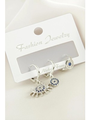 Kocadal 3 Adet Göz Nazar Zirkon Taşlı Küpe