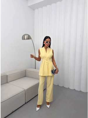 Vesantia Kadın Limon Sarısı Belden Oturtmalı Yelek Pantolon Takım
