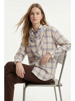 Rays Mavi Üçgen Fularlı Oversize Ekose Gömlek 5484