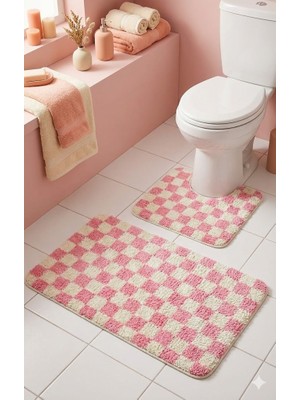 Eurobano Chess Dama Desenli Lateks Kaymaz Taban Makinede Yıkanabilir 2'li Bohem Banyo Paspası 60X100 60X50