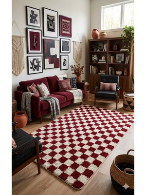 Eurobano Chess Dama Kırmızı-Kemik Yıkanabilir Halı Yolluk Salon Oturma Odası Balkon Koridor Halısı Shaggy