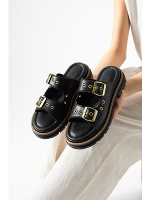 Dabab Shoes Ravıela Kadın Çift Bantlı Tokalı Dişli Kalın Taban Günlük Terlik