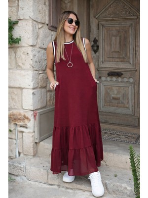 Qimya Butik Kadın Eteği Şifon Ribanalı Kolsuz Elbise