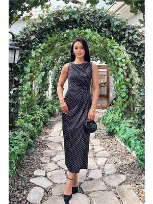Dip Moda Kadın Siyah Puantiye Desen Saten Kumaş Bel Drapeli Midi Elbise DPMY3937