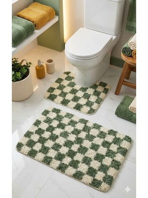 Eurobano Chess Dama Desenli Lateks Kaymaz Taban Makinede Yıkanabilir 2'li Bohem Banyo Paspası 80X50 50X40 cm