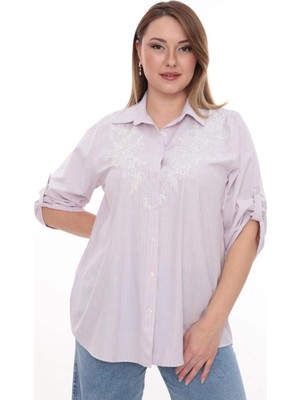 Lady Majestic Büyük Beden %100 Cotton Nakış Detaylı Çizgili Gömlek Şık ve Rahat